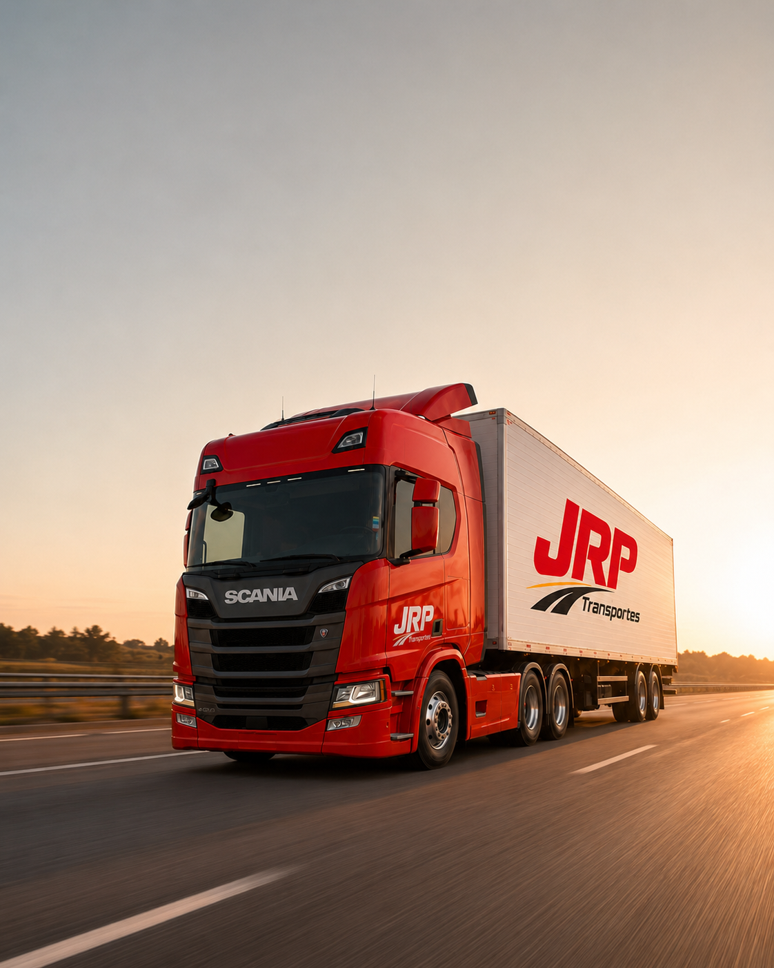 Caminhão Scania da JRP Transportes em rodovia ao entardecer