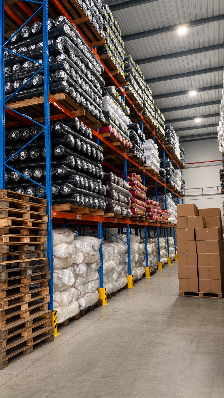 Armazém têxtil com rolos de tecido organizados em porta-pallets